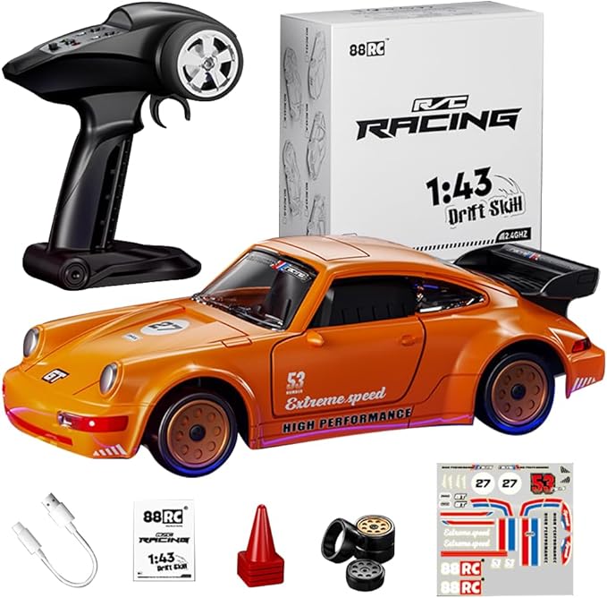 911 Series RC Drift Car 1:43 Scale Mini Model with Alloy Build – Door-Opening Function Gyro Auto Calibration LED Underglow for Hobbyists &amp Collectors（Orange）