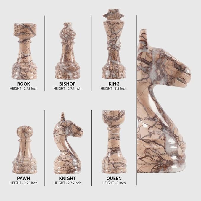 Radicaln Marble Chess Figures 3.5'' Inches Black and Marinara Handmade Chess Pieces Game for Adults Marble Chess Set Figures Chess Board Game
