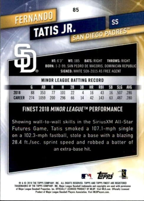 2019 Finest #85 Fernando Tatis Jr. RC Rookie San Diego Padres MLB Baseball Trading Card