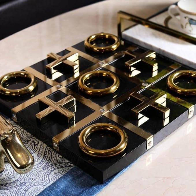 Modern Tic Tac Toe for Home Decoration Gold and Black Hand Crafted with Black Wood and Gold Color Stainless Steel Decorative Tic Tac Toe Table Top Decoration X/O Board