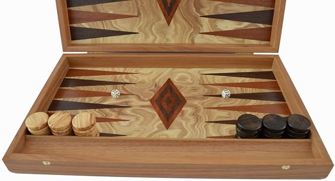 Manopoulos Olive Wood Backgammon Set - Olive Wood Chips - Hand Made