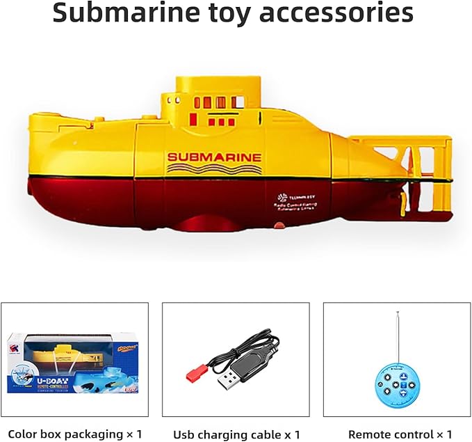 Mini RC Submarine Waterproof Remote Control Boat Underwater Diving Fish Tank Toy for Kids Birthday Gift（Yellow）