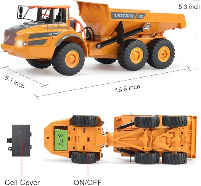 DOUBLE E Volvo RC Dump Truck Toy for Kids Articulated Hauler Remote Control Construction Toys Vehicles with Lights Birthday Gifts Ideas for Boys Age 6 7 8 9 10 Year Old and up