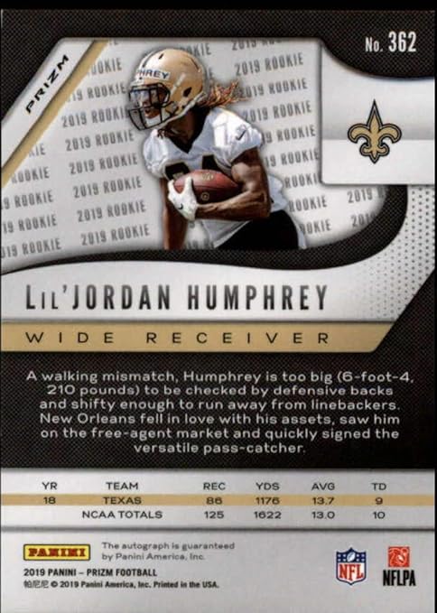 2019 Panini Prizm Neon Green Rookie Autograph #362 Lil'Jordan Humphrey RC AUTO New Orleans Saints NFL Football Trading Card