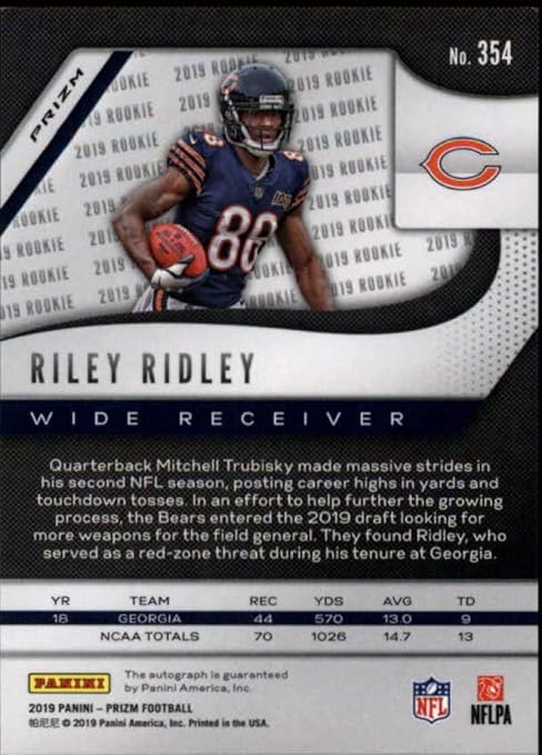 2019 Panini Prizm Neon Green Rookie Autograph #354 Riley Ridley RC AUTO Chicago Bears NFL Football Trading Card