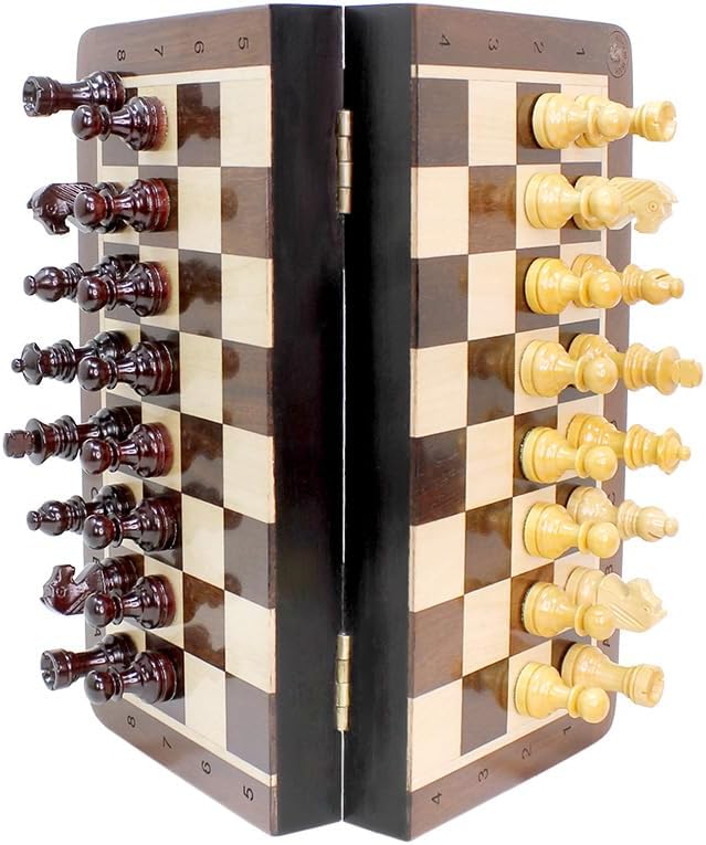 House of Chess - 8 Inch Wooden Magnetic Folding Travel Chess Set - Board with Algebraic Notation + 2 Extra Pawns &amp 2 Extra Queens- Handmade (Ringy Rosewood)