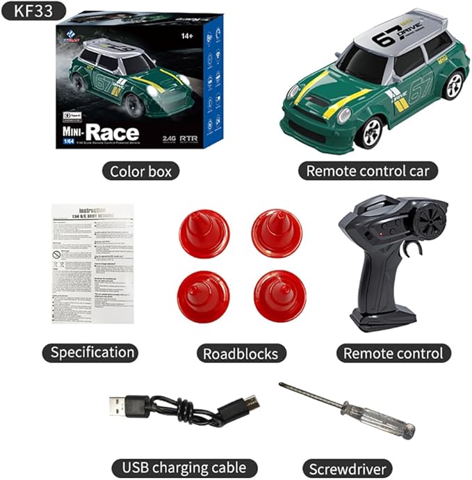 KF33 1:64 Scale Mini Drift RC Car with Full Proportional RTR 2.4GHZ Remote Control for Desktop Racing (Green)