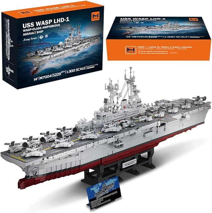 MISINI M7024 US Navy Warship Building Brick Set 1:300 Military Series Wasp-Class Amphibious Assault Ship 5220 Pieces Aircraft Carrier Collector's Toy Displayable MOC Adult Battleship Gift