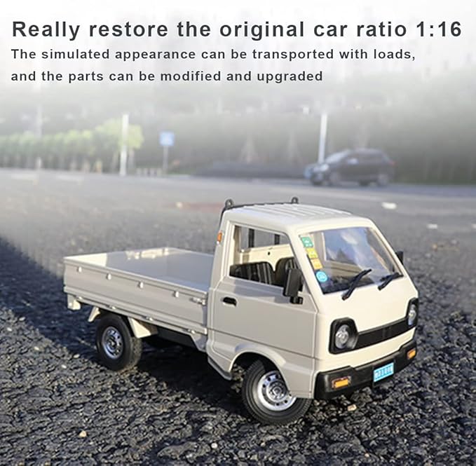 WPL D12 Mini RC Truck for Adults 1/16 Scale 20km/h 2.4G 4CH Remote Control Crawler High-Speed Climbing Truck with LED Lights Cargo Drift Car - RTR / 3 Batteries