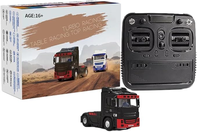 Turbo Racing 1/76 RC Semi Truck 2.4GHz 3CH Electric 4WD Mini Remote Control Tractor Model Desktop Scale Vehicle for Hobbyists (RTR/Red &amp Black)