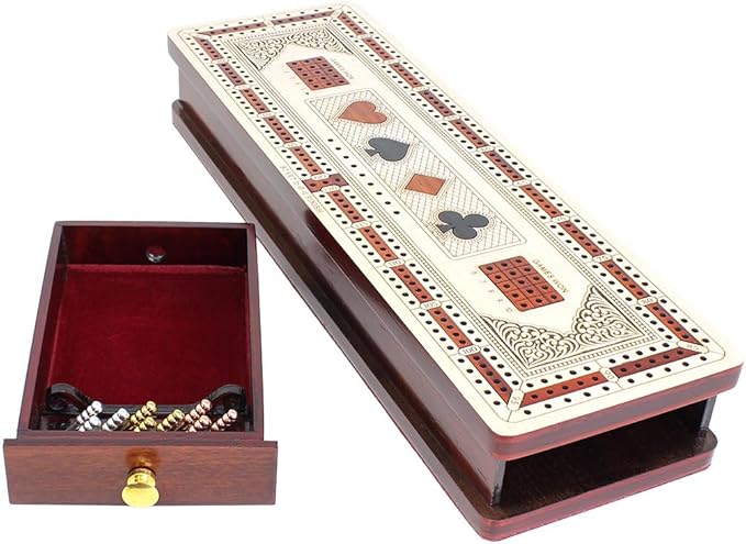 House of Cribbage - 3 Track Continuous Cribbage Board in Maple and Bloodwood - Inlaid Card Symbols (Suits) + Storage Drawer for Cribbage Pegs &amp Cards