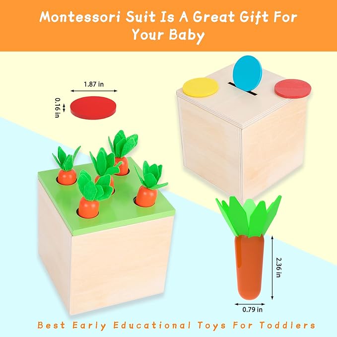 Adena Montessori 3 in 1 Wooden Montessori Play Kit Baby ToysIncludes Matchstick Color Drop GameCarrot Harvest Game and Coin BoxLearning Toy for Kid 123 Year OldGirl Boy Gift for Baby 6-12 Month