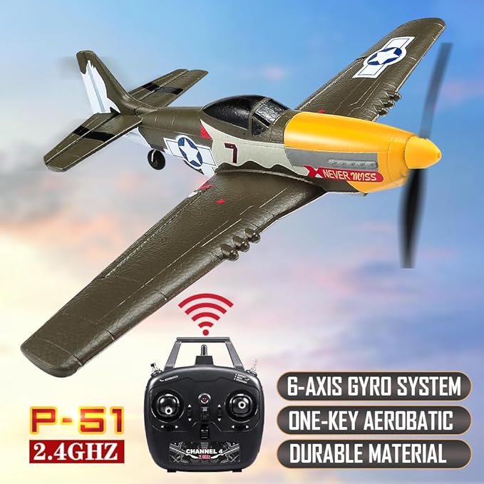 P51 RC Plane for Adults Kids 4 Channel Remote Control Airplane with Aileron/Rudder/Elevator/Gyro Aerobatic Mustang Fighter Glider with 3 Modes Stabilization System Easy Learning to Fly