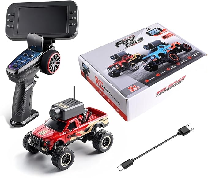 WL 1/64 FPV RC Car with Camera APP Auto-Pairing Mini RC Truck with Remote Controller + Display Screen 3-Speed Modes Gyroscope Remote Control Off-Road Truck for Adults