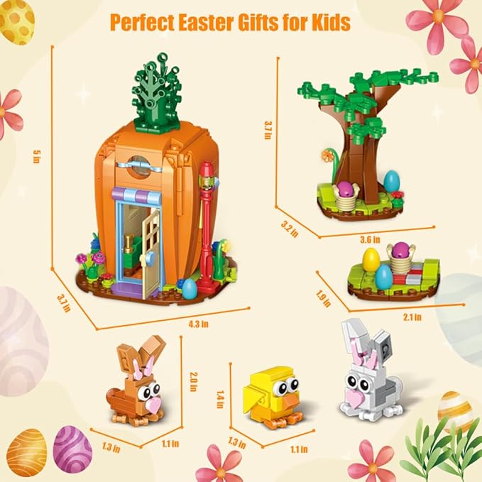 Easter Bunny Carrot House Building Set 2 Rabbits Chick Colorful Easter Egg and Basket Toy Building Blocks Kit Ornaments Gift for Boys Girls Adults
