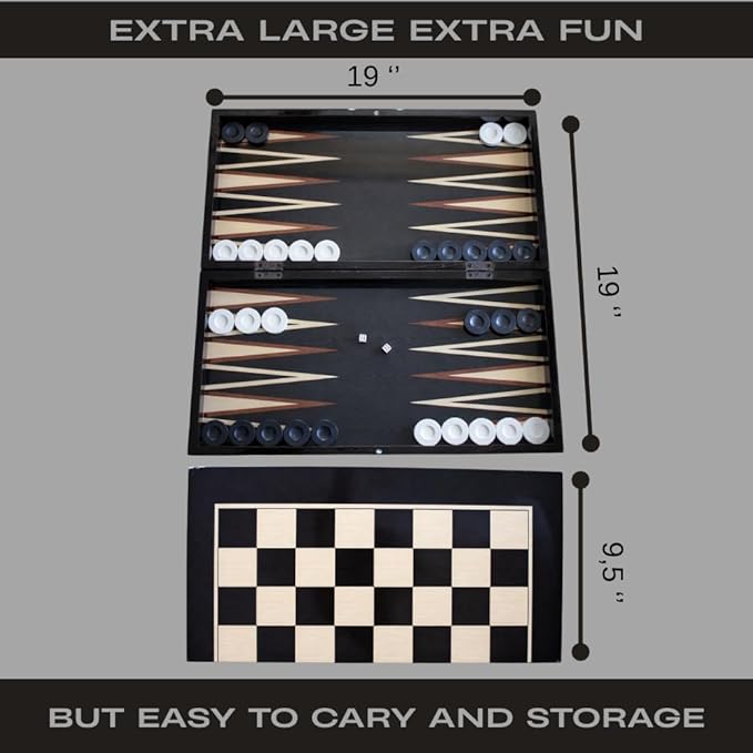Park&ampOz Premium Turkish Backgammon and Checkers Set 19 Inch Handmade 2 in 1 Wooden Board Game with Glossy Finish Luxury Checkers and Dice Travel Friendly and Foldable (Dark Wenge)