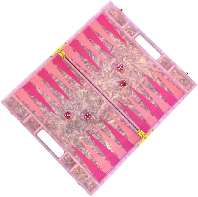 Luxury Backgammon Set Board Game with Dust Bag Marbled Pink with Gold Hardware Acrylic Material 14 Complete Game Pieces for Adults and Kids