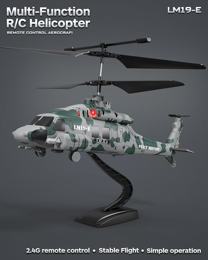 RC Helicopter LM19-E 2.4GHz Remote Control Helicopter with 10 Launchable Missiles LED Light Altitude Hold One-Key Take Off Indoor Friendly Army Toys for Birthday(2 Batteries)