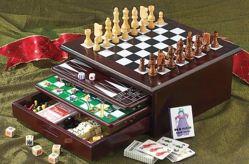 Board Game Set - Deluxe 15 in 1 Tabletop Wood-accented Game Center with Storage Drawer (Checkers Chess Chinese Checkers Parcheesi TicTacToe SOlitaire Snakes and Ladders Mancala Backgammon Pok