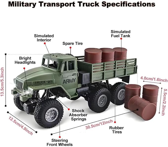 GoolRC RC Military Truck 1:16 Scale 6WD Remote Control Car 2.4GHz Off-Road RC Truck with LED Light and 2 Batteries All Terrain Army Transport Vehicle for Adults