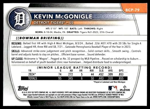 2025 Bowman Chrome Prospects #BCP-79 Kevin Mcgonigle Detroit Baseball Card - Sportscard Superstore