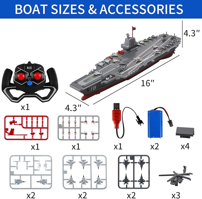 RC Boats for Kids 8-12 16-inch Warship Battleship Aircraft Carrier with 2 Rechargeable Batteries 15mph High Speed Remote Control Military Ship for Pool &amp Lake Exhibits Model Gift for Boys