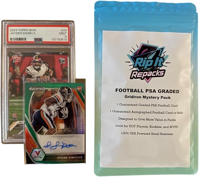 RIP IT REPACKS Football Card Mystery Pack with Guaranteed PSA Graded Card and Autograph or Relic Card