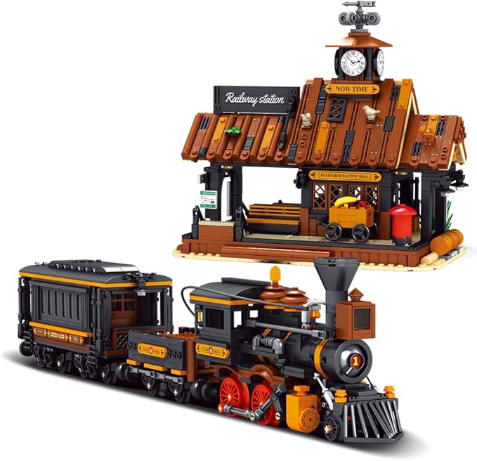 39117 Cowboy City Train Station Building Blocks with LED Lights 2640 PCS Western Railway Station &amp Steam Train Model Kit for Adults Wild West Architecture