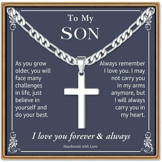 IEFLIFE Easter Basket Stuffers - Cross Necklace Easter Gifts for Men Boys Silver Figaro Chain Cross Necklace Jewelry Christian Baptism Gifts for Boys Birthday Gift for Dad Husband Son Grandson