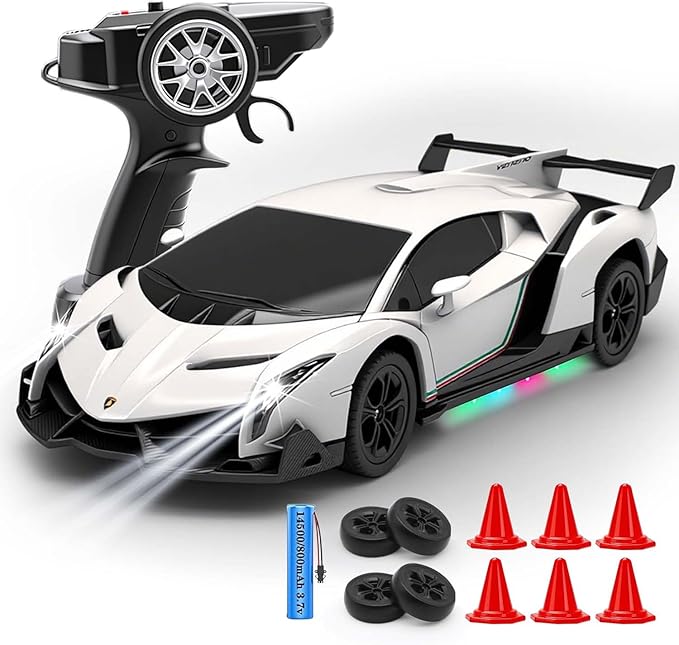 QUN XING Remote Control car 1:24 Officially Licensed Lambo veneno RC Drift Car with LED Lights 2.4GHz 4WD 15KM/H High Speed Rechargeable Battery Birthday Gift for Kids 8-12 White