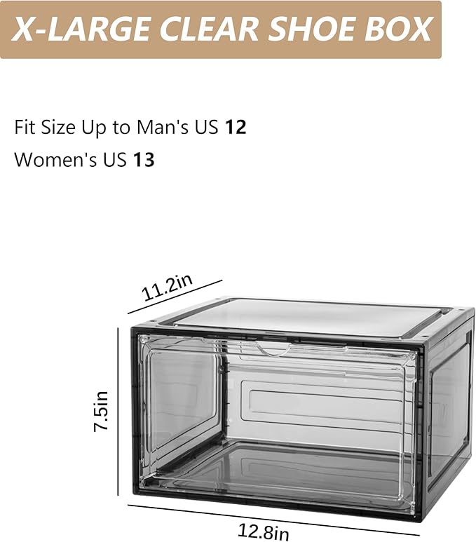 Attelite 8 Pack Shoe Boxes Clear Plastic Stackable Upgrade Large Shoe Storage Organizer Containers with Magnetic Door for Display Sneaker Easy Assembly