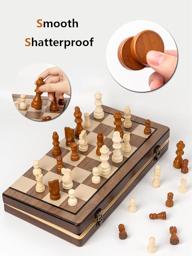 Chess Set 15'' Chess Board Wooden Magnetic Folding Chess Board Set for Adults &amp Kids Checkers Game for Kids Portable Travel Chess Game for Beginner 2 Extra Queens (Walnut Color)