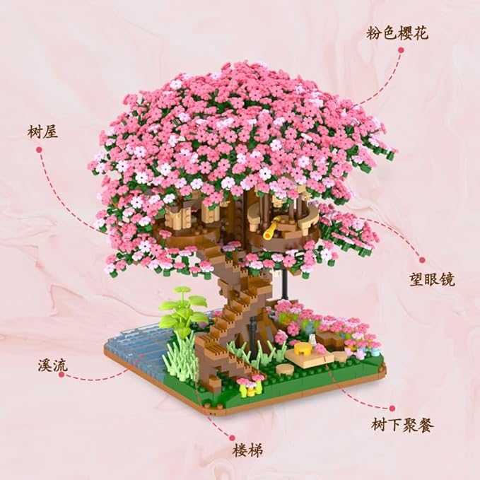Cherry Blossom Tree Building Block Set Gift for Adults Cherry Bonsia Treehouse Micro Building Blocks Japanese Sakura Flowers House 2138PCS