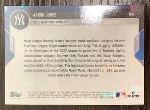 2022 Topps NOW #1012 Aaron Judge (62 HRs Home Runs American League Record) MLB Baseball Trading Card New York Yankees
