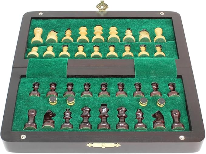House of Chess - 8 Inch Wooden Magnetic Folding Travel Chess Set - Board with Algebraic Notation + 2 Extra Pawns &amp 2 Extra Queens- Handmade (Ringy Rosewood)