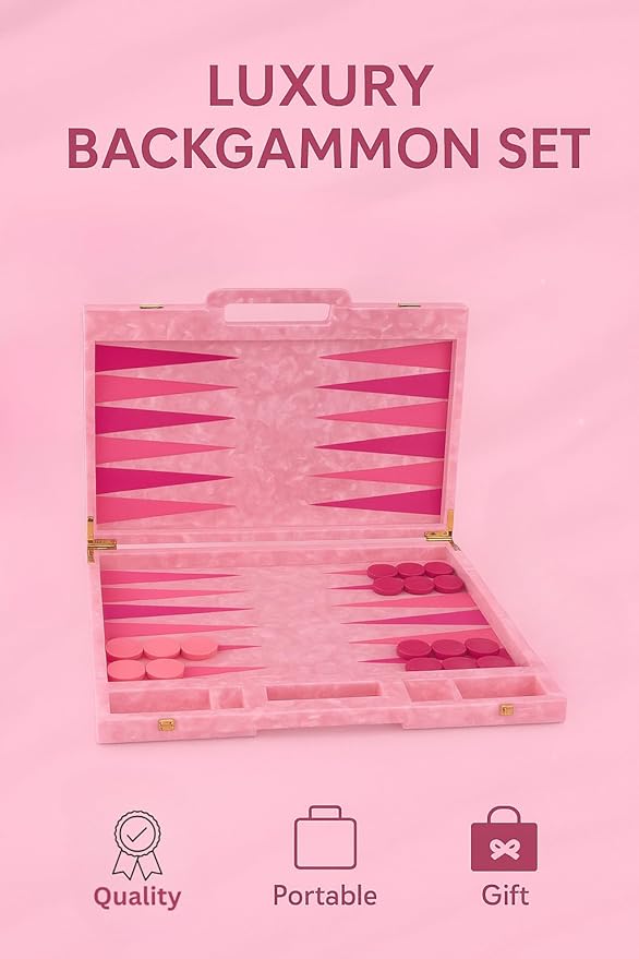 Luxury Backgammon Set Board Game with Dust Bag Marbled Pink with Gold Hardware Acrylic Material 14 Complete Game Pieces for Adults and Kids