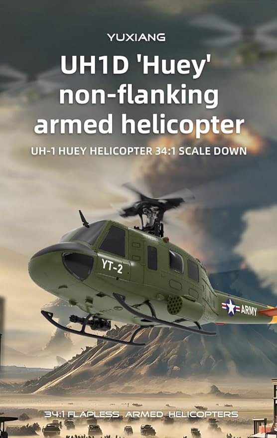 YU Xiang F07 Bell UH-1 Huey RC Helicopter for Adults 1/34 2.4G 6CH Brushless Direct-Drive 3D/6G Flybarless Advanced RTF RC Helicopter with Optical Flow Positioning - 2PCS Battery