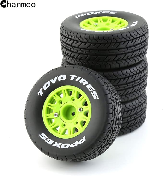 1/10 RC Short Course Truck Tires And Wheels With 12mm 14mm 17mm Hex 113mm 1/8 Rubber Tyres For 1/8 or 1/10 Scale On Road Car HSP Sonic 94102 GT PTG-2 Tamiya TT02 RC Racing Car 4PCS (Green A)