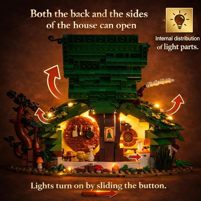 Bag End Dwarf Hole Building Blocks Set (1088 PCS) - 35x27x15cm Model with Interior LED Light Working Doors - Collectible Display Cabin blokcs