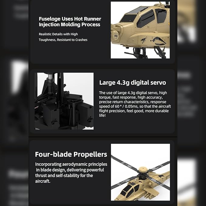 YU Xiang F11-N AH64 Apache RC Helicopter 1/32 Scale 2.4G 6CH Dual Rotor 6G/3D RC Helicopter with Optical Flow Altitude Hold and One Click Descent Aircraft for Beginner (RTF Version)