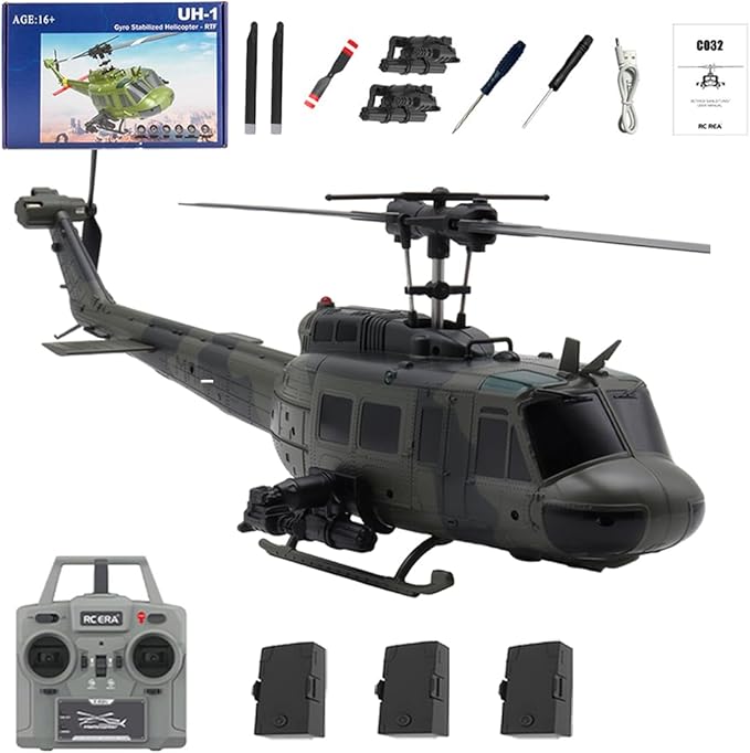 C032 UH-1 Huey RC Helicopter 1/48 Scale 6-Channel Brushless Helicopter with Optical Flow Positioning One Click Inverted Flight &amp Gyro Stabilized 3D Stunt Military Aircraft Model for Adults