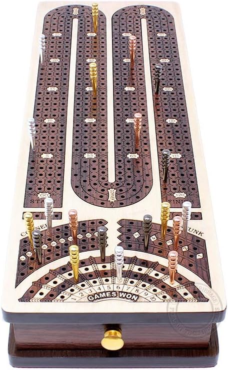 House of Cribbage - Continuous Cribbage Board/Box Inlaid in Maple/Rosewood : 4 Track - Side Drawers with Score Marking Fields for Skunks Corners and Won Games