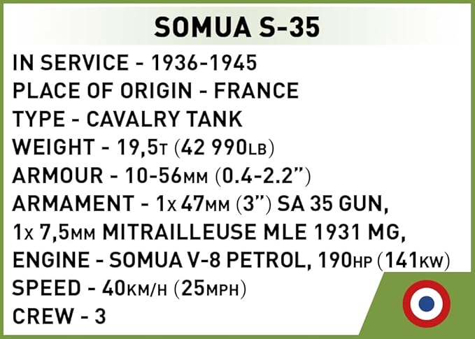 COBI Historical Collection WWII SOMUA S-35 1:72 Scale Tank Building Set 99 Pieces