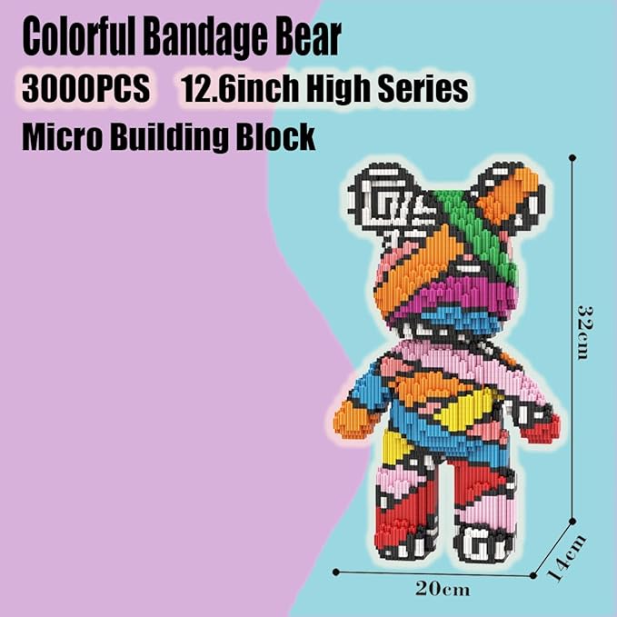 PIANTION Animal Colorful Bandage Bear Micro Building Blocks Set(3000PCS XQ035) 12.6in High SeriesGifts Suitable for Adults