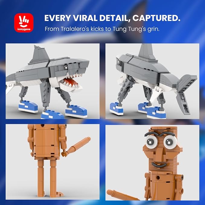 Italian Brainrot Building Set Tralalero Tralala and Tung Tung Tung Sahur Figures Building Kit Shark and Wooden Stick Toy Building for Kids Ages 6+ Birthday Gifts for Men &amp Women