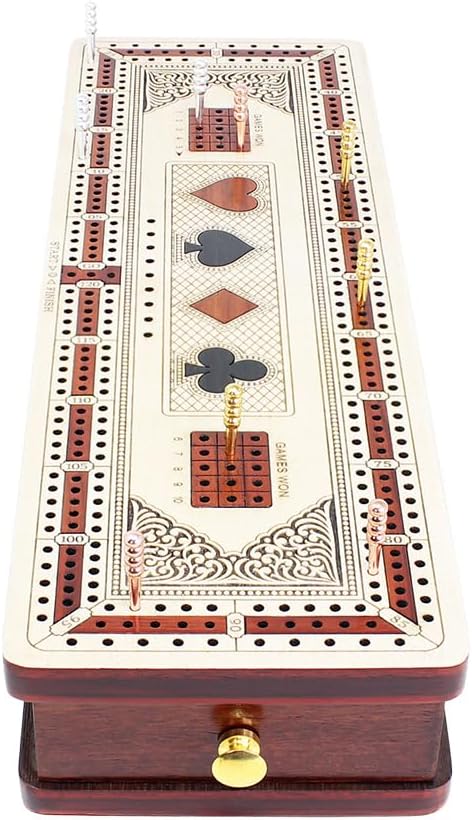 House of Cribbage - 3 Track Continuous Cribbage Board in Maple and Bloodwood - Inlaid Card Symbols (Suits) + Storage Drawer for Cribbage Pegs &amp Cards
