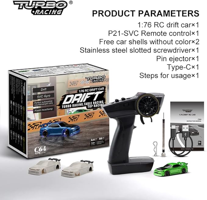 Turbo Racing 1:76 Scale Drift RC Car with Gyro Mini Full Proportional RTR 2.4GHZ Remote Control with 2 Replaceable Body Shell (C64-Green)