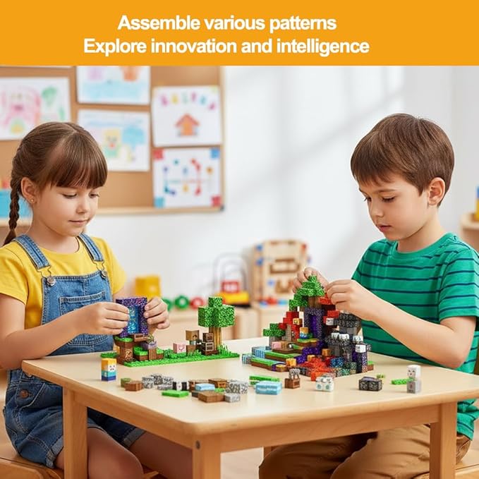Magnetic Building Blocks Set 200 Pieces Pixel Style Construction Toys with Character Blocks 0.8 Inch Cubes for Ages 3+ Non-Toxic Educational STEM Toys