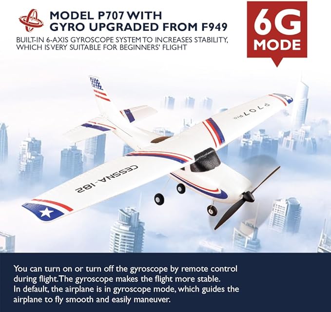 P707pro RC Airplane 3D6G Upgraded 2.4Ghz 3CH Fixed Wing RC Plane with 1020 Motor CESSNA-182 Remote Control Plane for Adults (Regular Version)