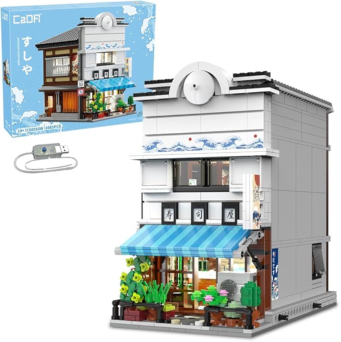 CaDA Master Japanese Sushi House Building Block Set C66018W Creative City Brick Kit with Lights1665PCS Street House Idea Gift for Adults
